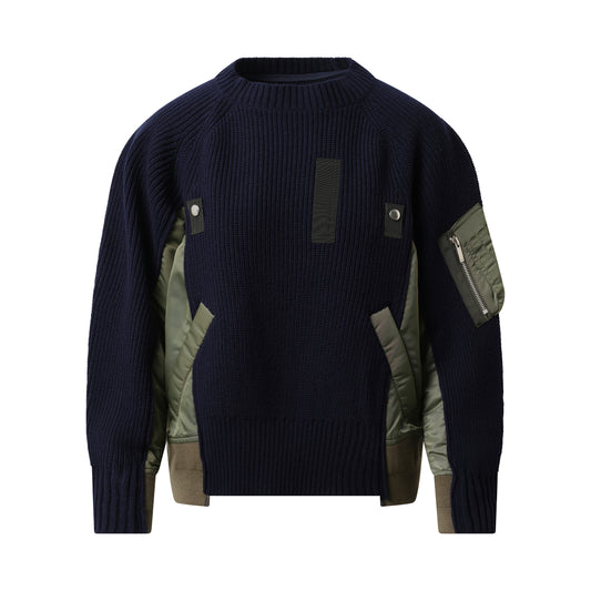 Wool Knit x Nylon Twill Pullover in Navy/Khaki