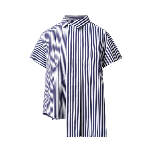 Asymmetric Cotton Poplin Shirt in Navy Stripe