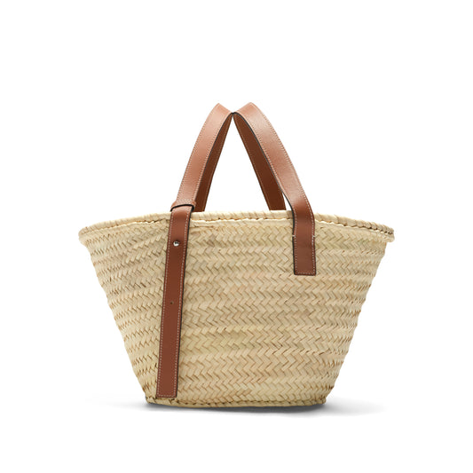 Medium Basket Bag in Palm Leaf and Calfskin in Natural/Tan