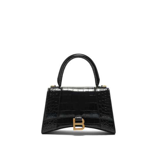 Hourglass Small Croco Embossed Bag in Black with Gold Plague