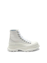 Tread Slick Canvas Lace-Up Boots in White Side View | ALEXANDER MCQUEEN