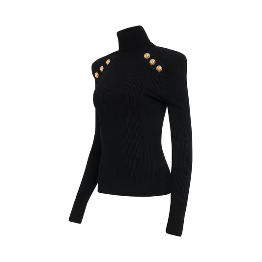 Logo Button Trimmed Turtleneck Sweater in Black