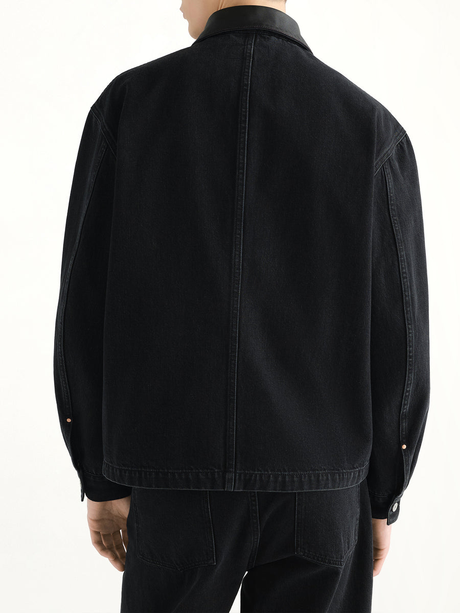 Workwear Overshirt With Leather Collar in Black