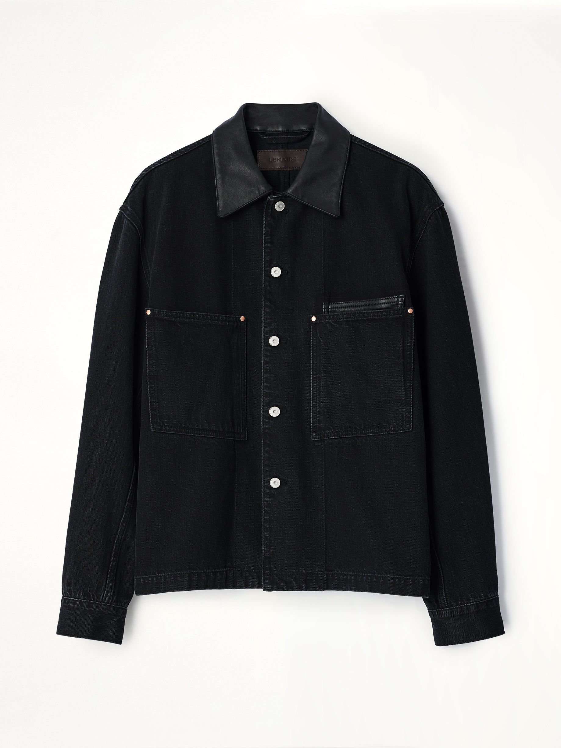Workwear Overshirt With Leather Collar in Black