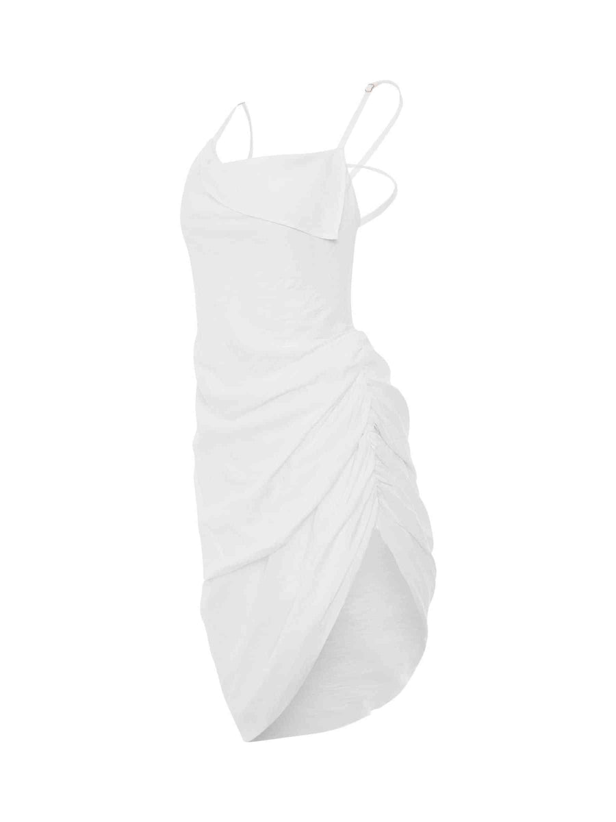 Saudade Asymmetric Draped Mini Dress in White