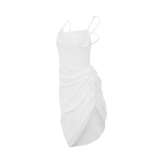 Saudade Asymmetric Draped Mini Dress in White