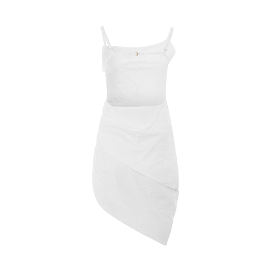 Saudade Asymmetric Draped Mini Dress in White