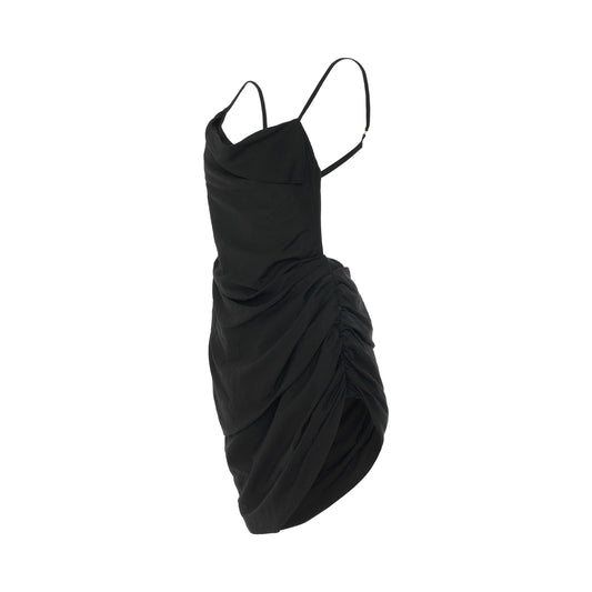 Saudade Asymmetric Draped mini Dress in Black