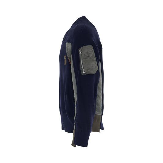 Nylon Twill Mix Classic Knit Pullover in Navy