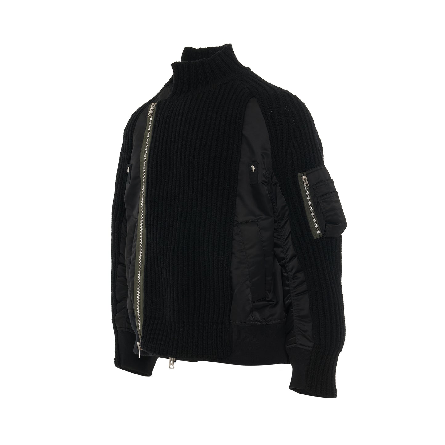 Nylon Twill Mix Knit Bomber Jacket in Black