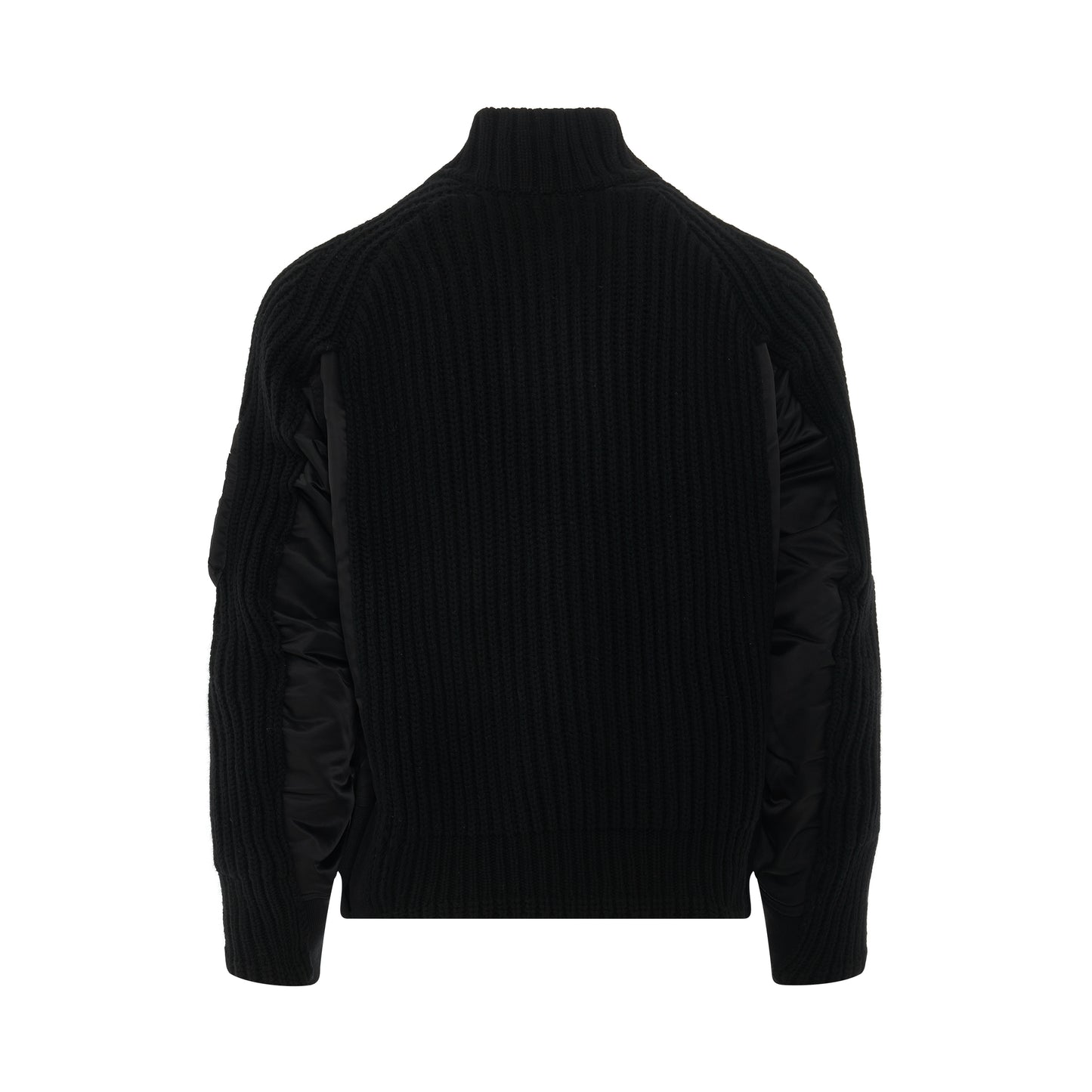 Nylon Twill Mix Knit Bomber Jacket in Black