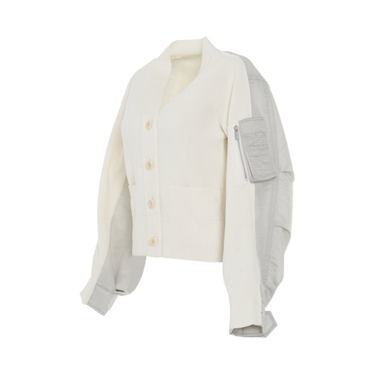 Nylon Twill Mix Knit Cardigan in Off White