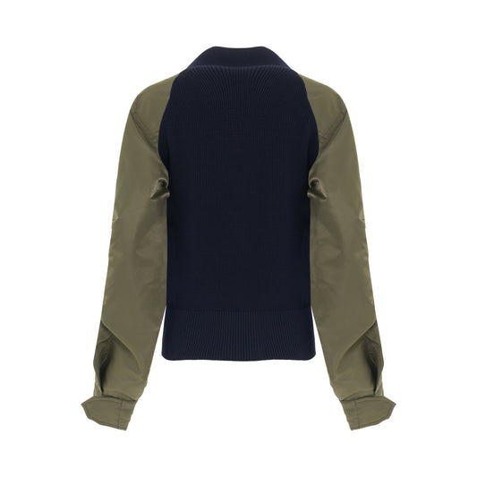 Nylon Twill Mix Knit Cardigan in Navy