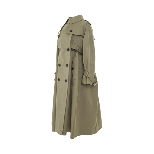 Cotton Gabardine Coat with Leather Trim in Beige