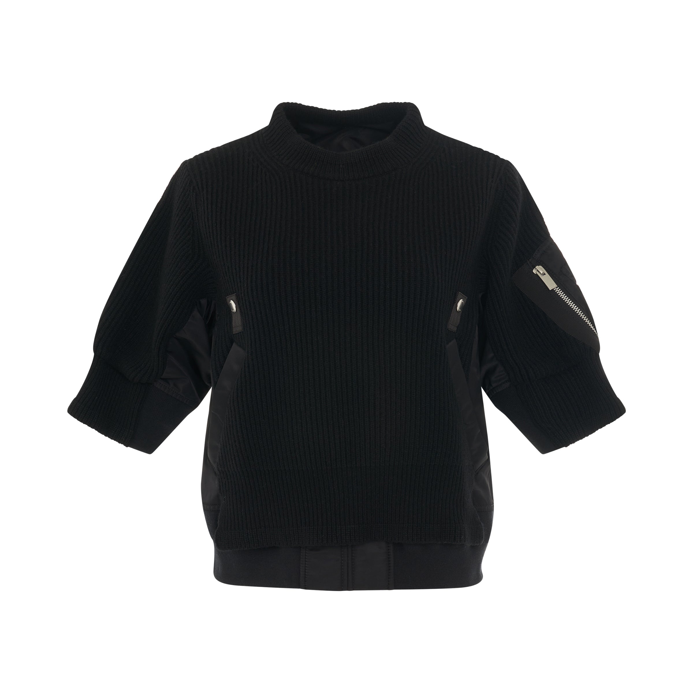 Nylon Twill x Knit Pullover in Black