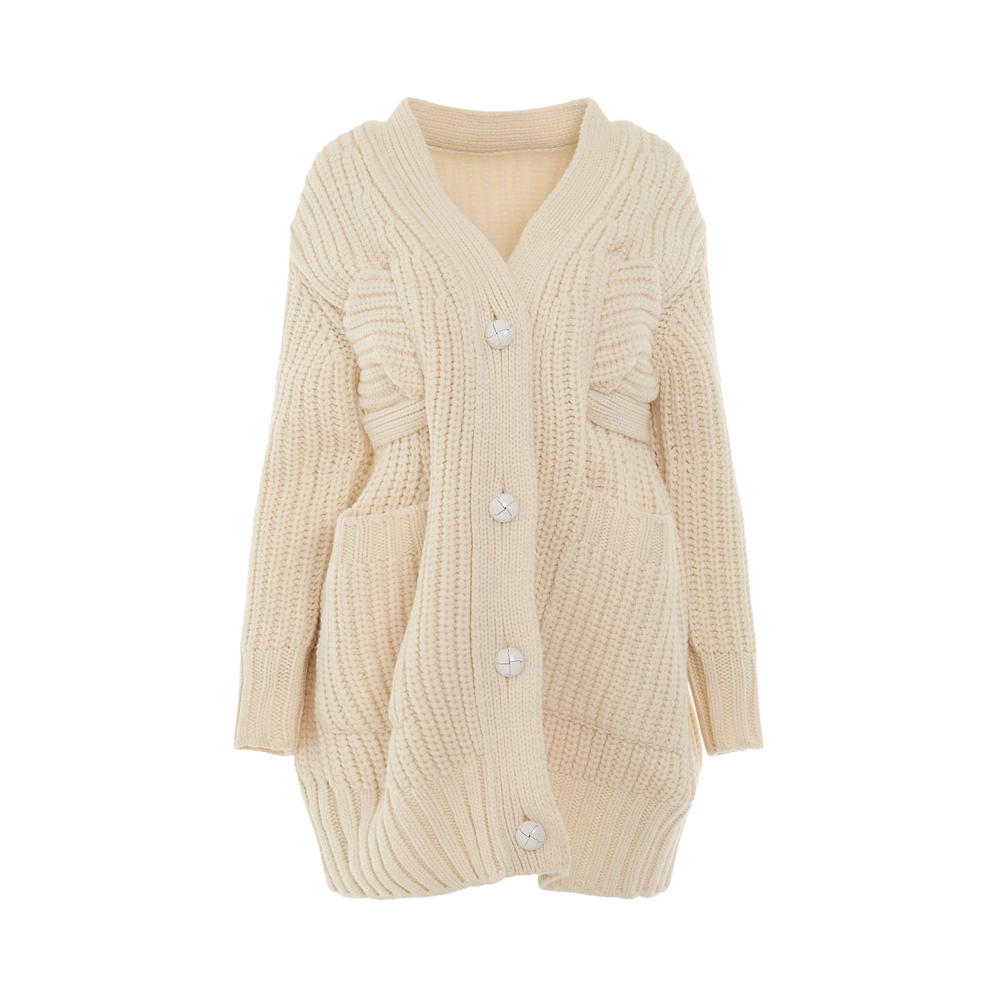 Wool Knit Cardigan with Leather Trim in Off White