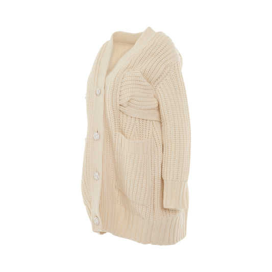 Wool Knit Cardigan with Leather Trim in Off White