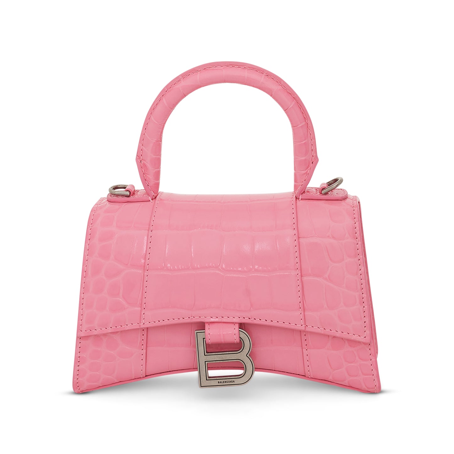 Hourglass XS Croco Embossed Bag in Sweet Pink