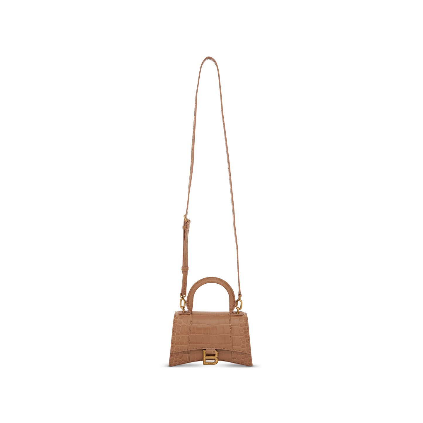 Hourglass XS Croco Embossed Bag in Beige with Gold Plague