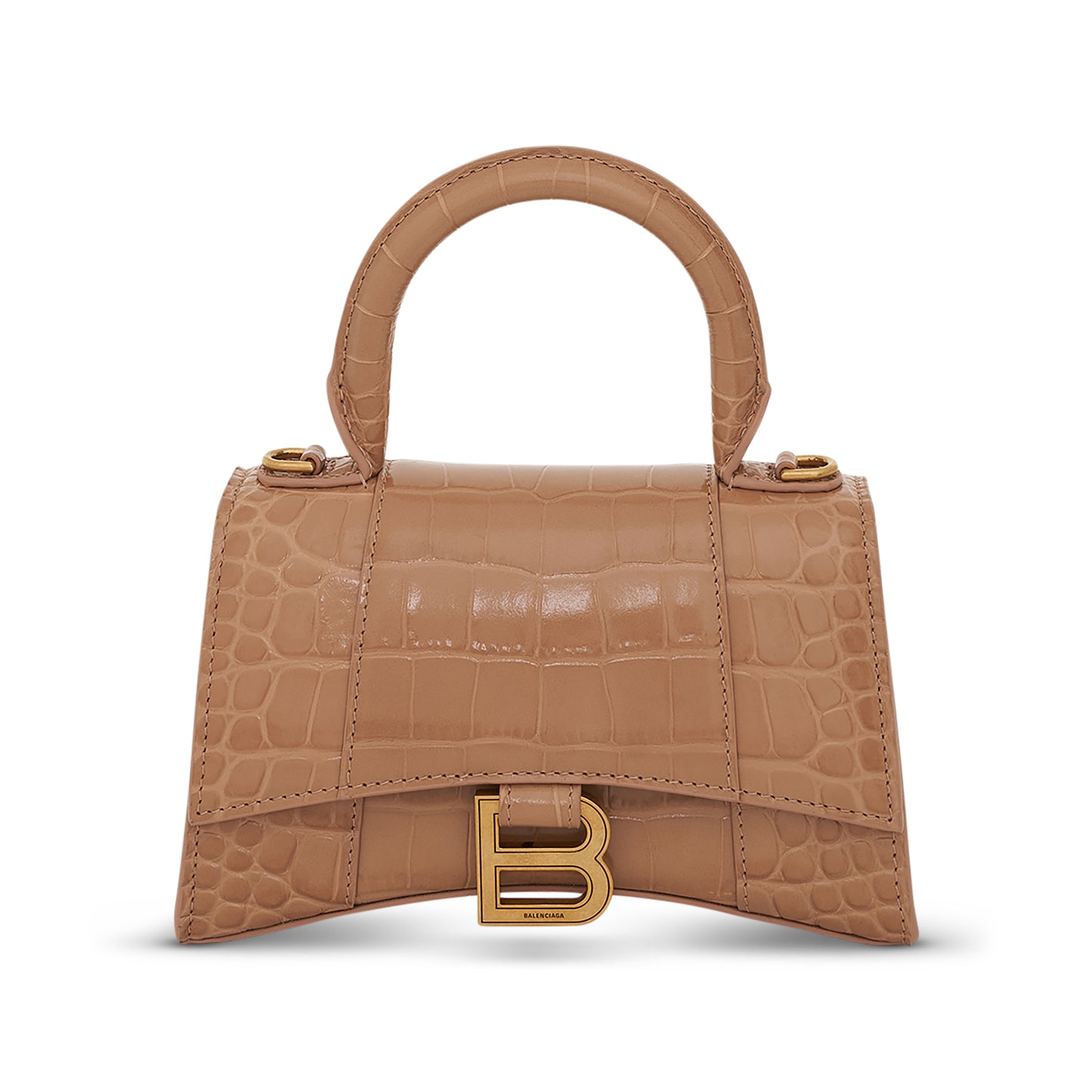 Hourglass XS Croco Embossed Bag in Beige with Gold Plague
