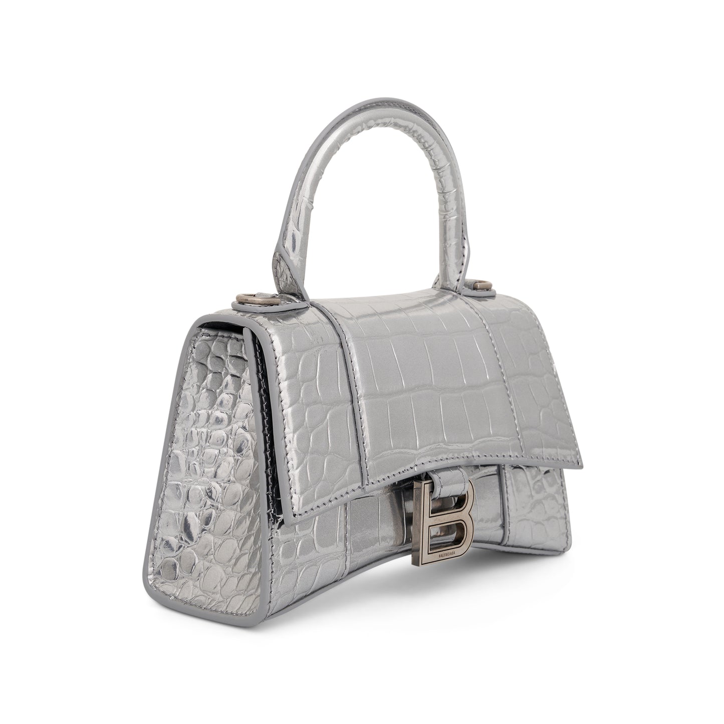 Hourglass XS Croco Embossed Bag in Silver