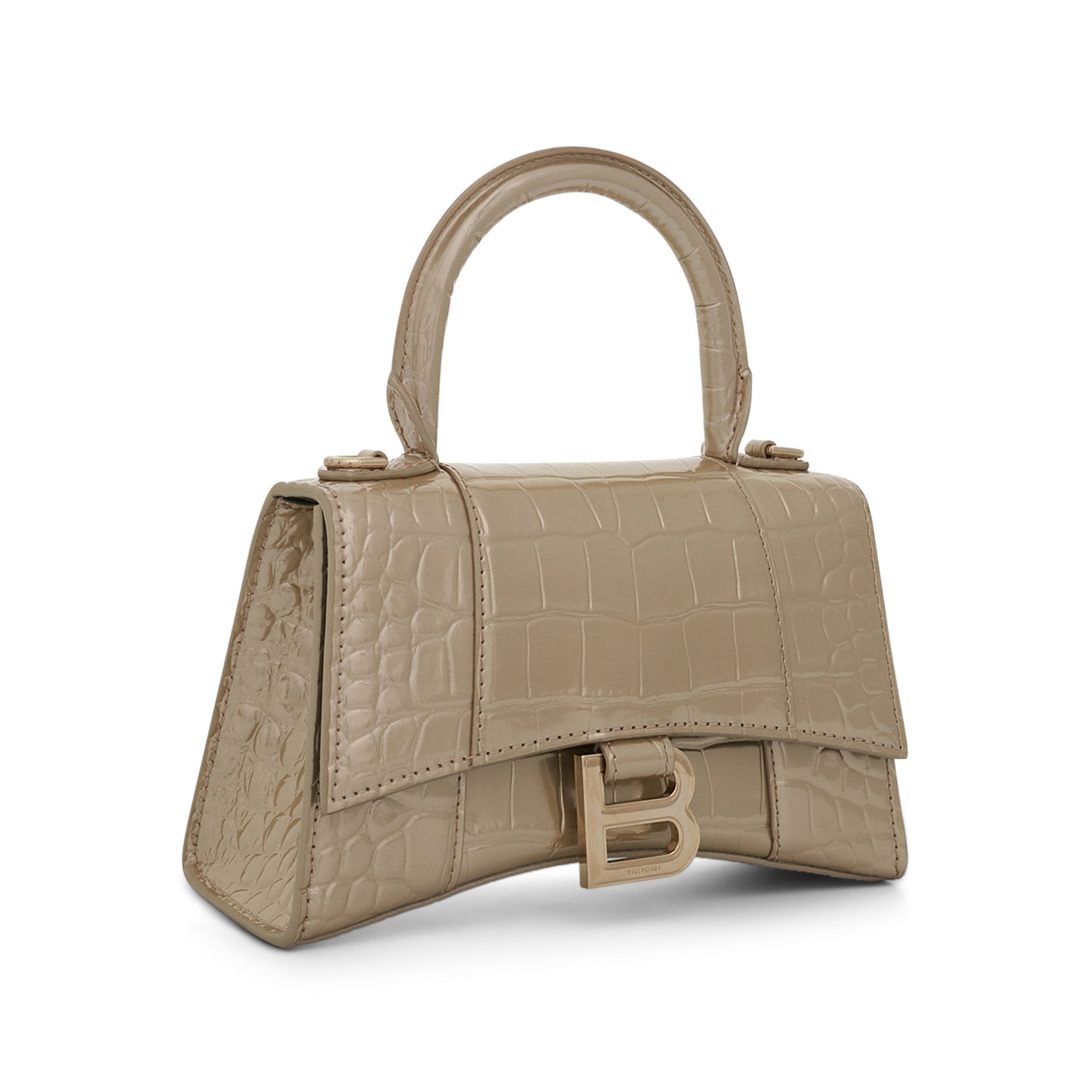Hourglass XS Metallized Croco Embossed Bag in Light Gold