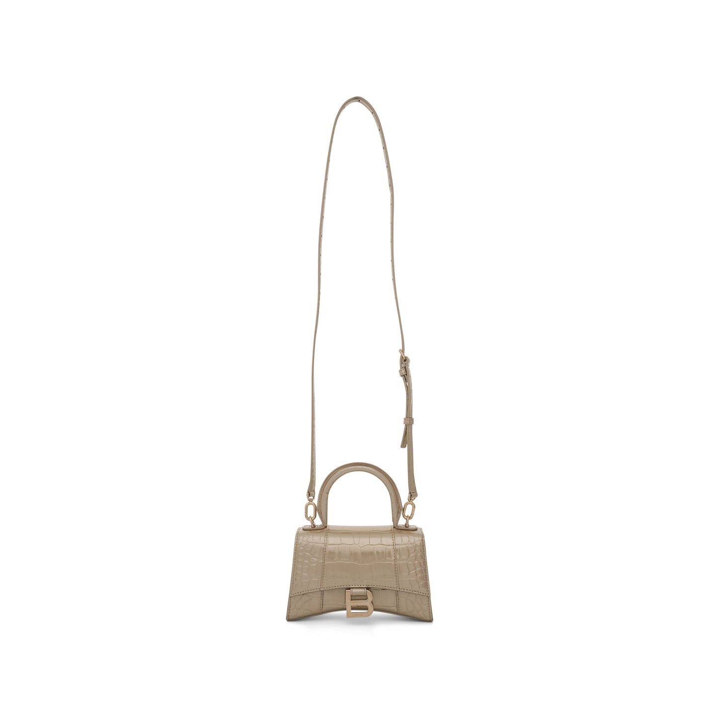 Hourglass XS Metallized Croco Embossed Bag in Light Gold