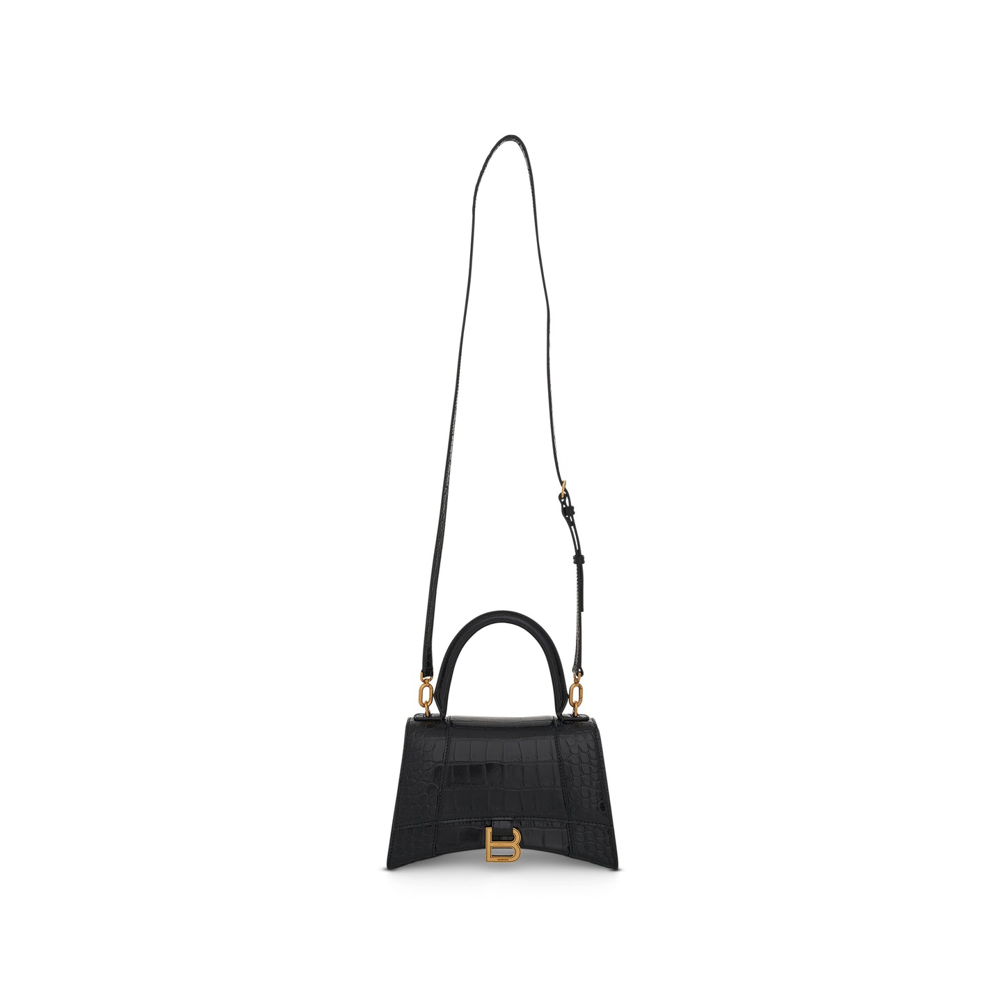 Hourglass Small Croco Embossed Bag in Black with Gold Plague