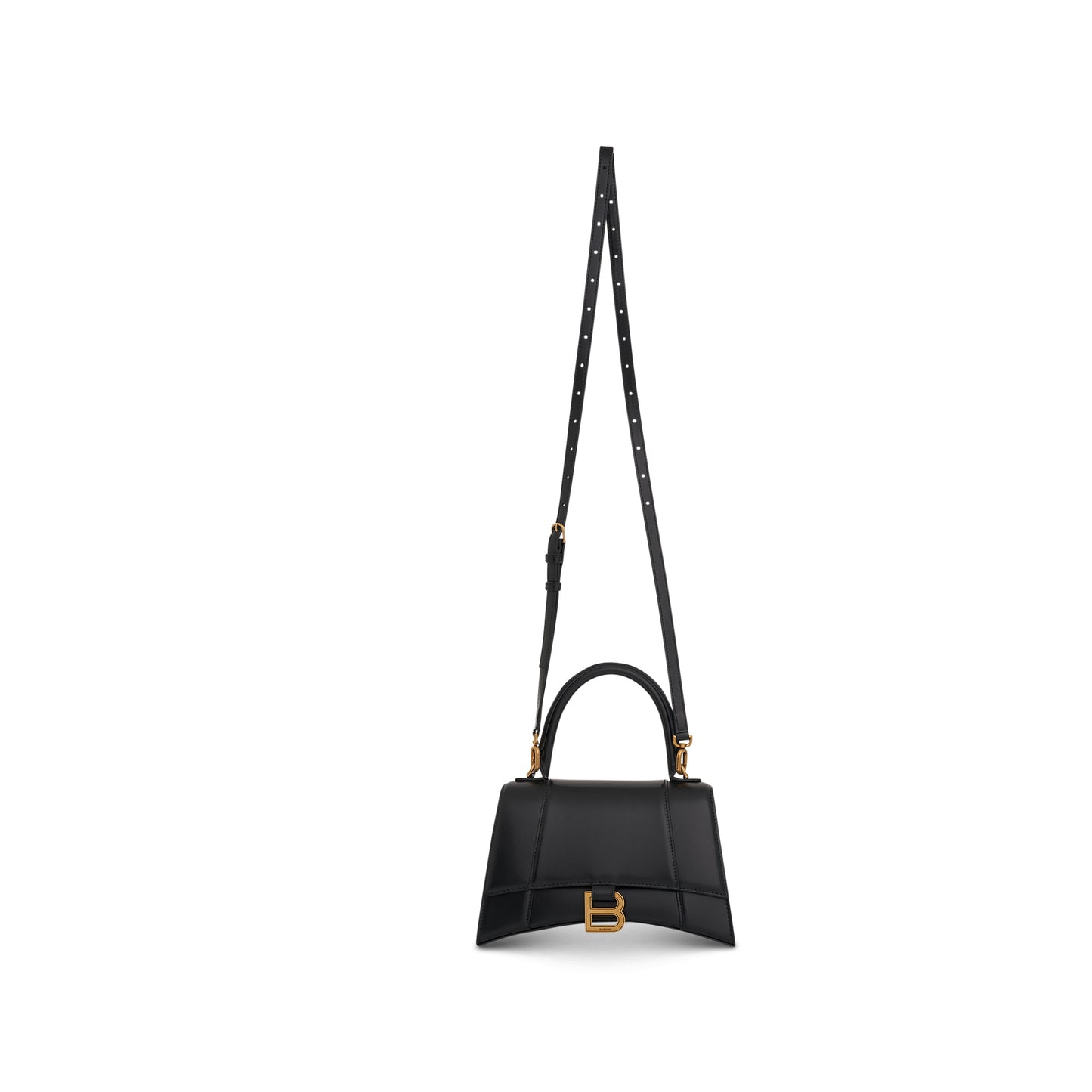 Hourglass Small Handbag in Box Calfskin in Black with Gold Plaque