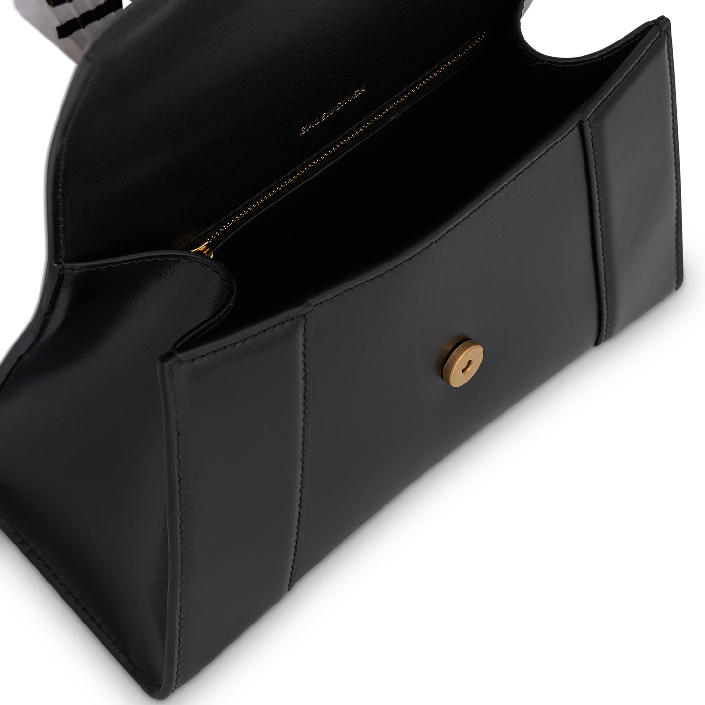 Hourglass Small Handbag in Box Calfskin in Black with Gold Plaque
