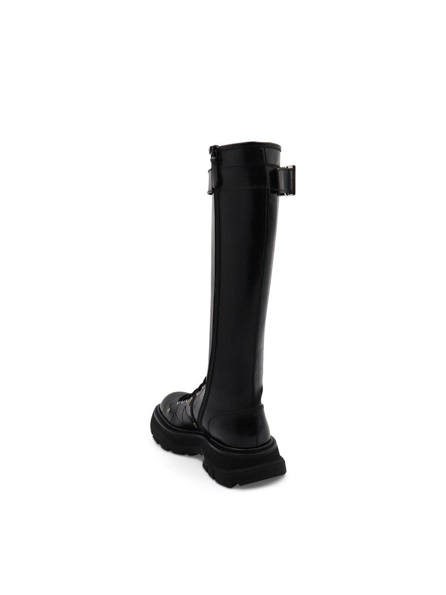 Tread Knee High Lace Up Boots in Black Back View | ALEXANDER MCQUEEN