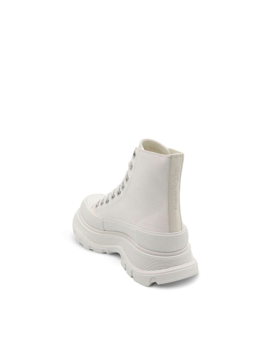 Tread Slick Canvas Lace-Up Boots in White Back View | ALEXANDER MCQUEEN