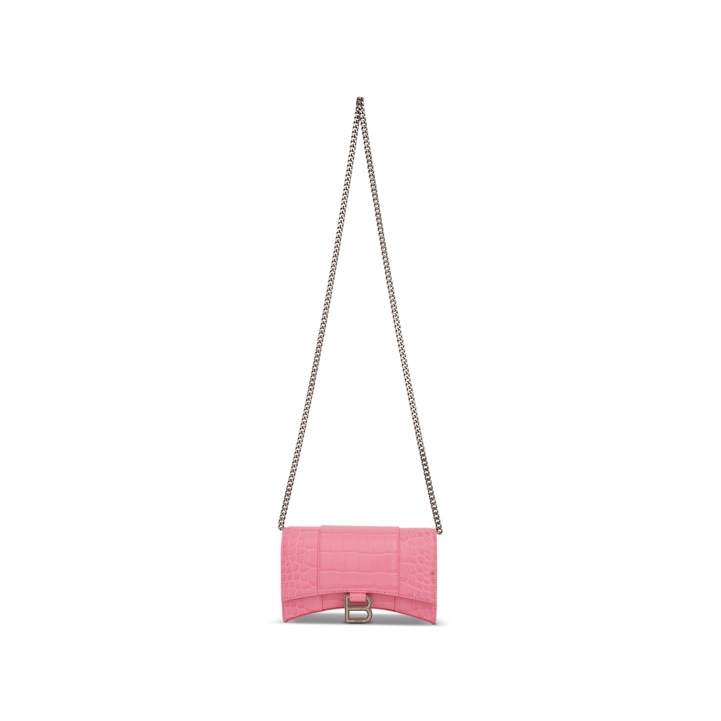 Hourglass Embossed Croco Wallet On Chain in Sweet Pink