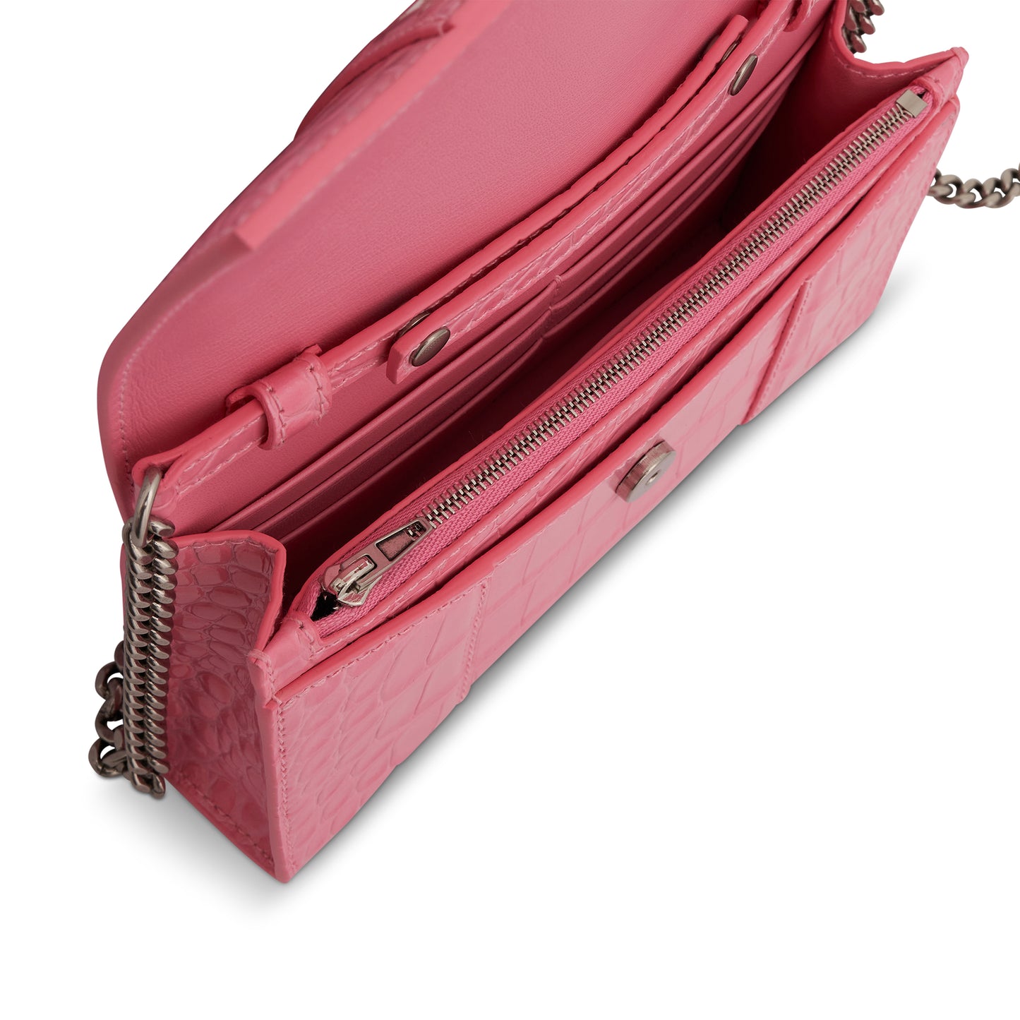 Hourglass Embossed Croco Wallet On Chain in Sweet Pink