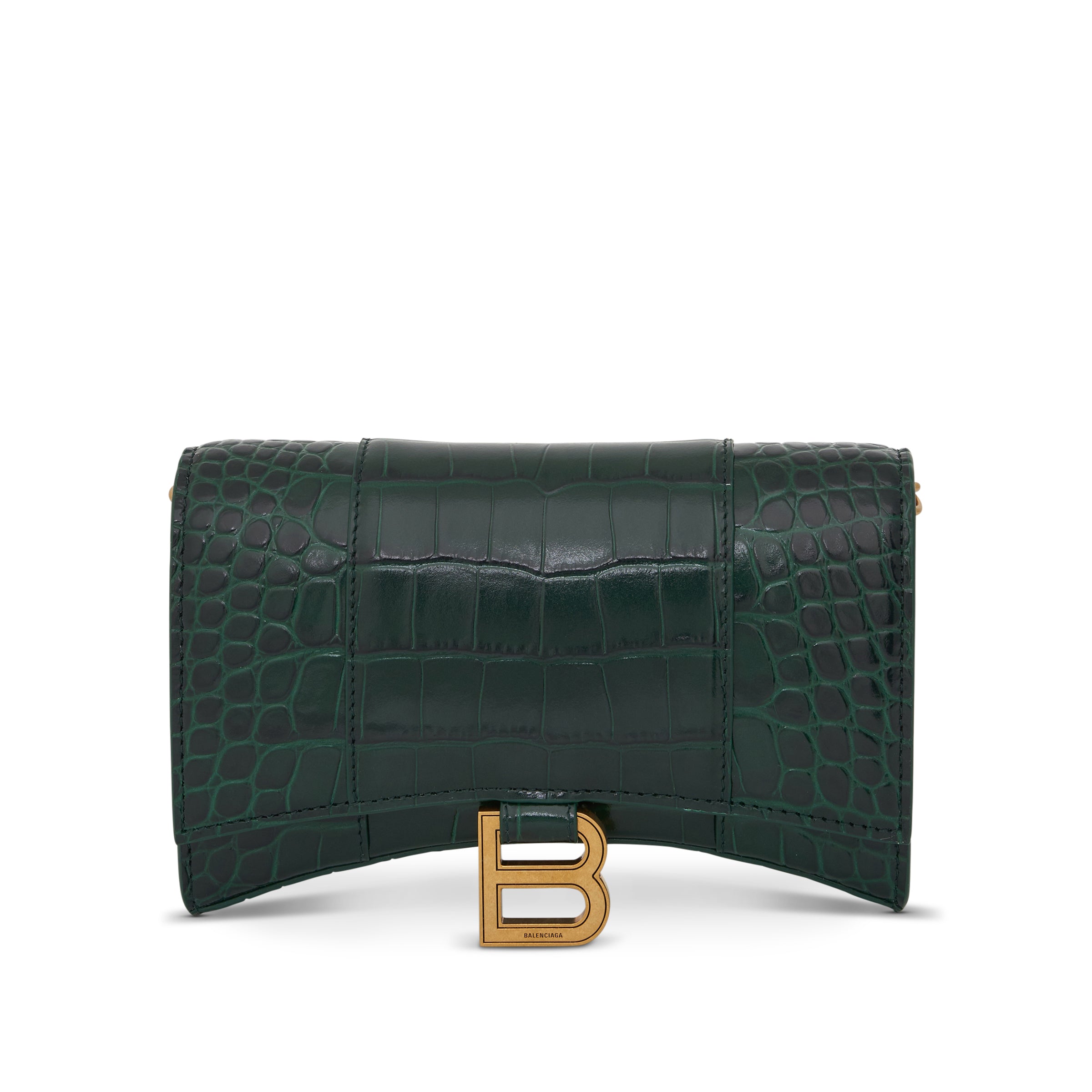 Hourglass Embossed Croco Wallet On Chain in Forest Green