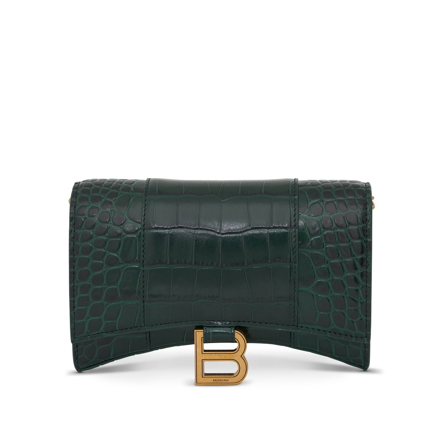 Hourglass Embossed Croco Wallet On Chain in Forest Green
