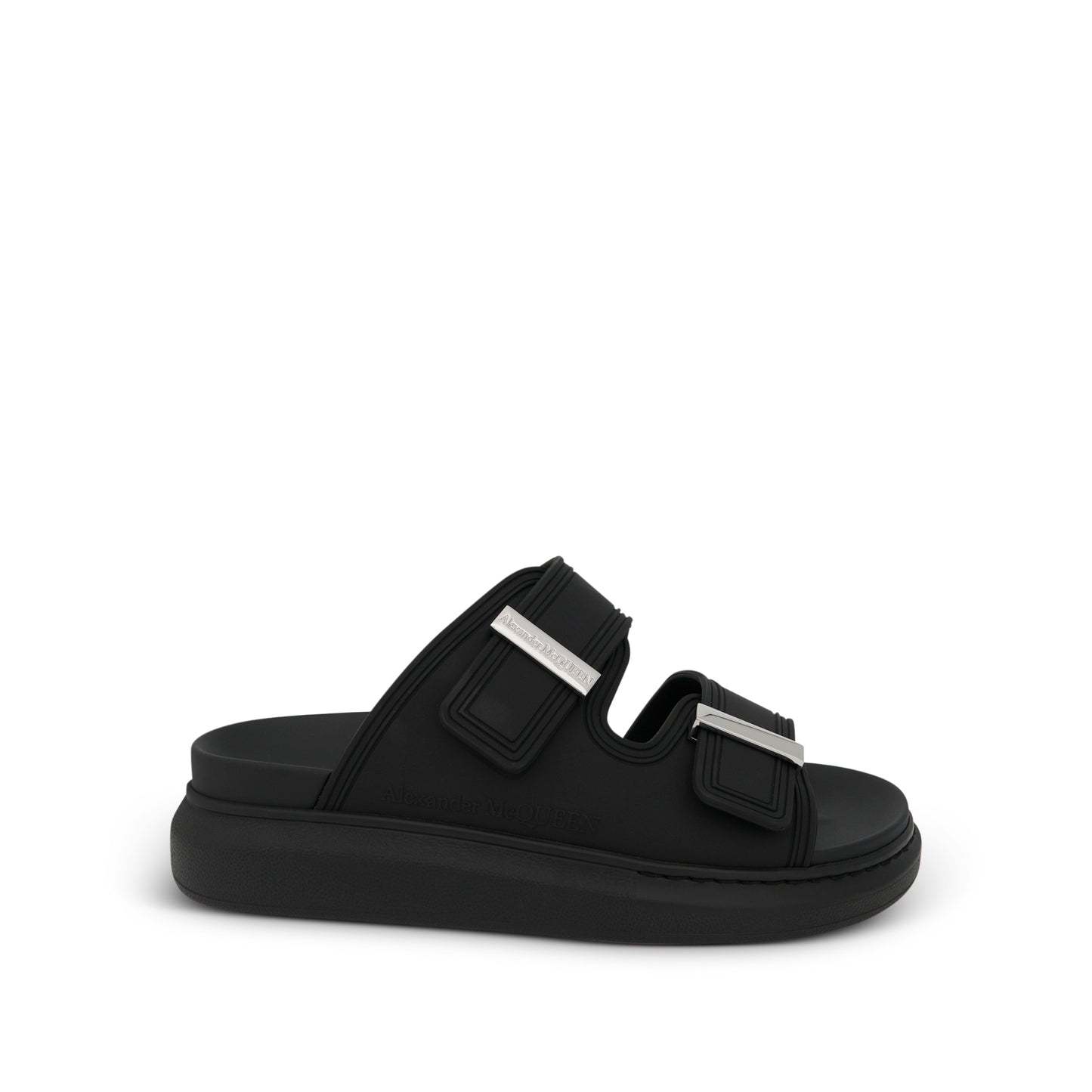 Oversized Double Strap Sandals in Black/Silver
