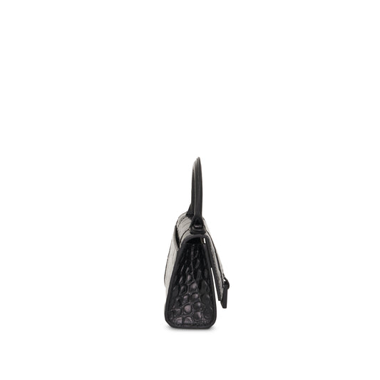 Hourglass Mini Croco Embossed Chain Bag in Black