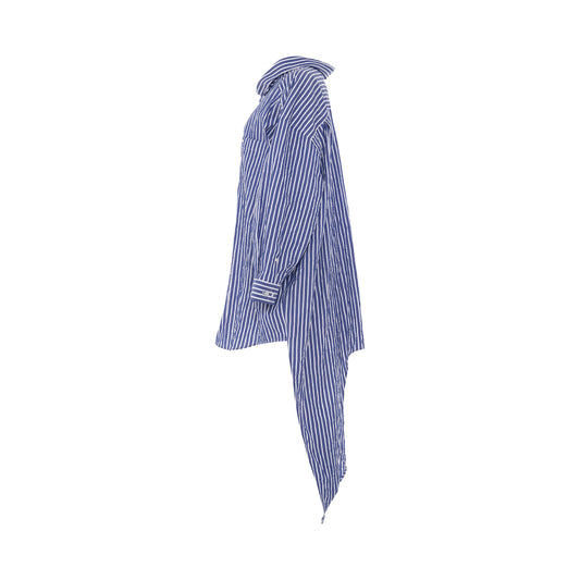 Crinkled Stripe Poplin Knotted Shirt in Blue/White