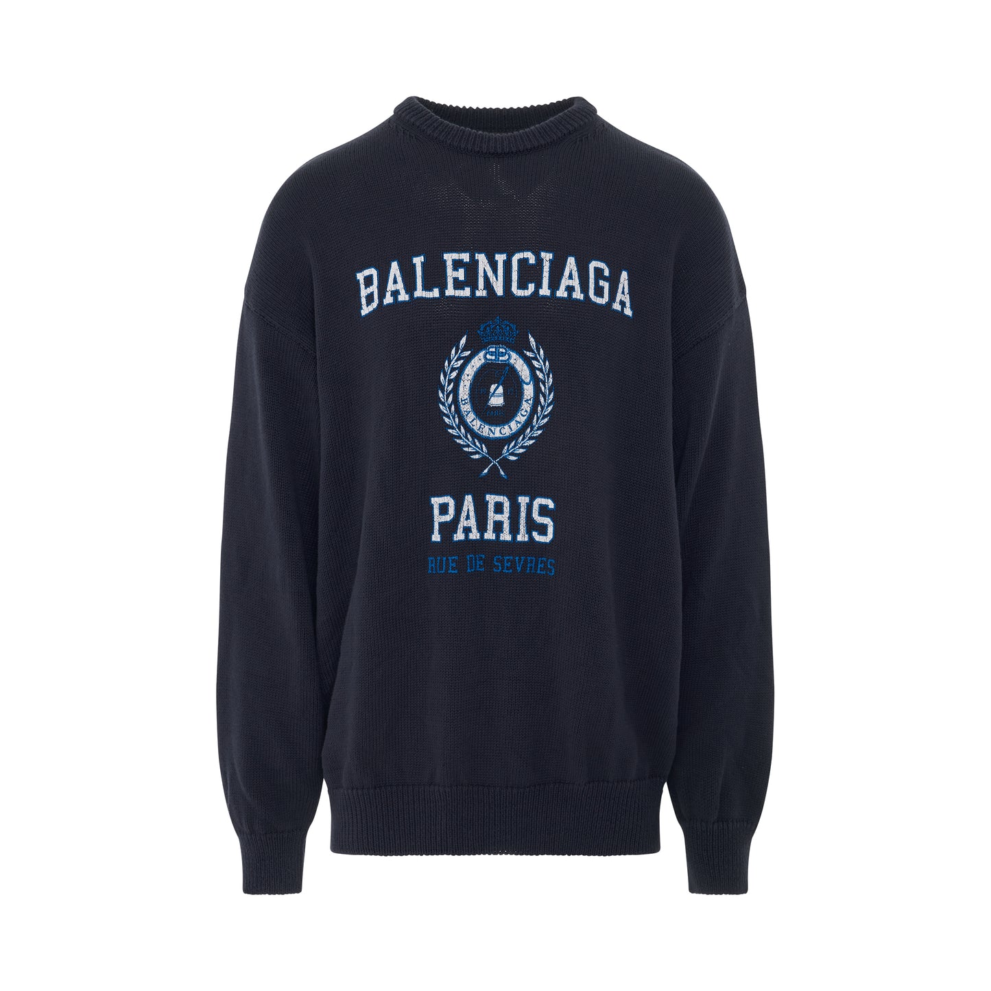 College Crest Knit Long Sleeve Crewneck in Navy/White