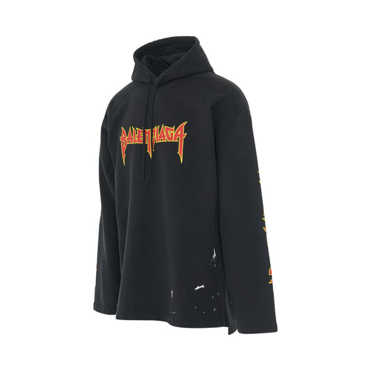 No Rib Metal Print Fleece Hoodie in Washed Black