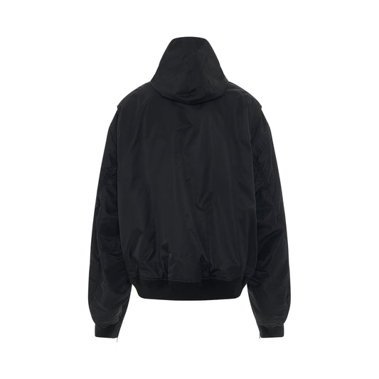 Nylon Light Bomber Jacket with Hood in Black