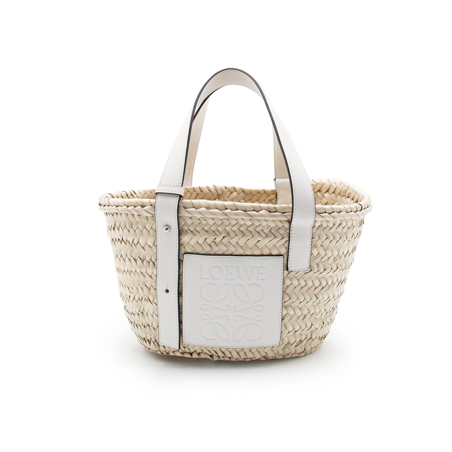 Small Basket Bag in Palm Leaf and Calfskin in Natural/White