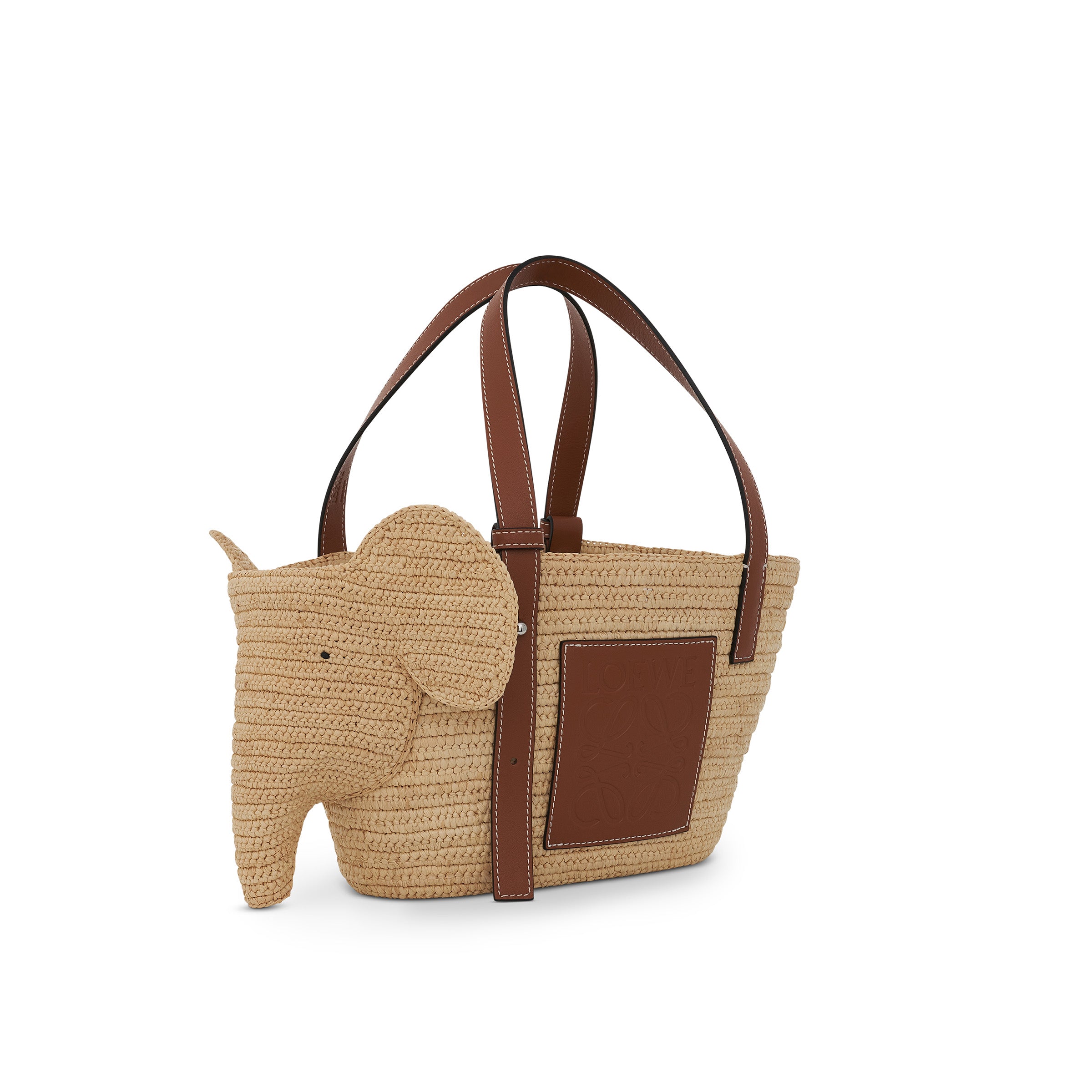 LOEWE Small Elephant Basket Bag in Raffia and Calfskin in Natural