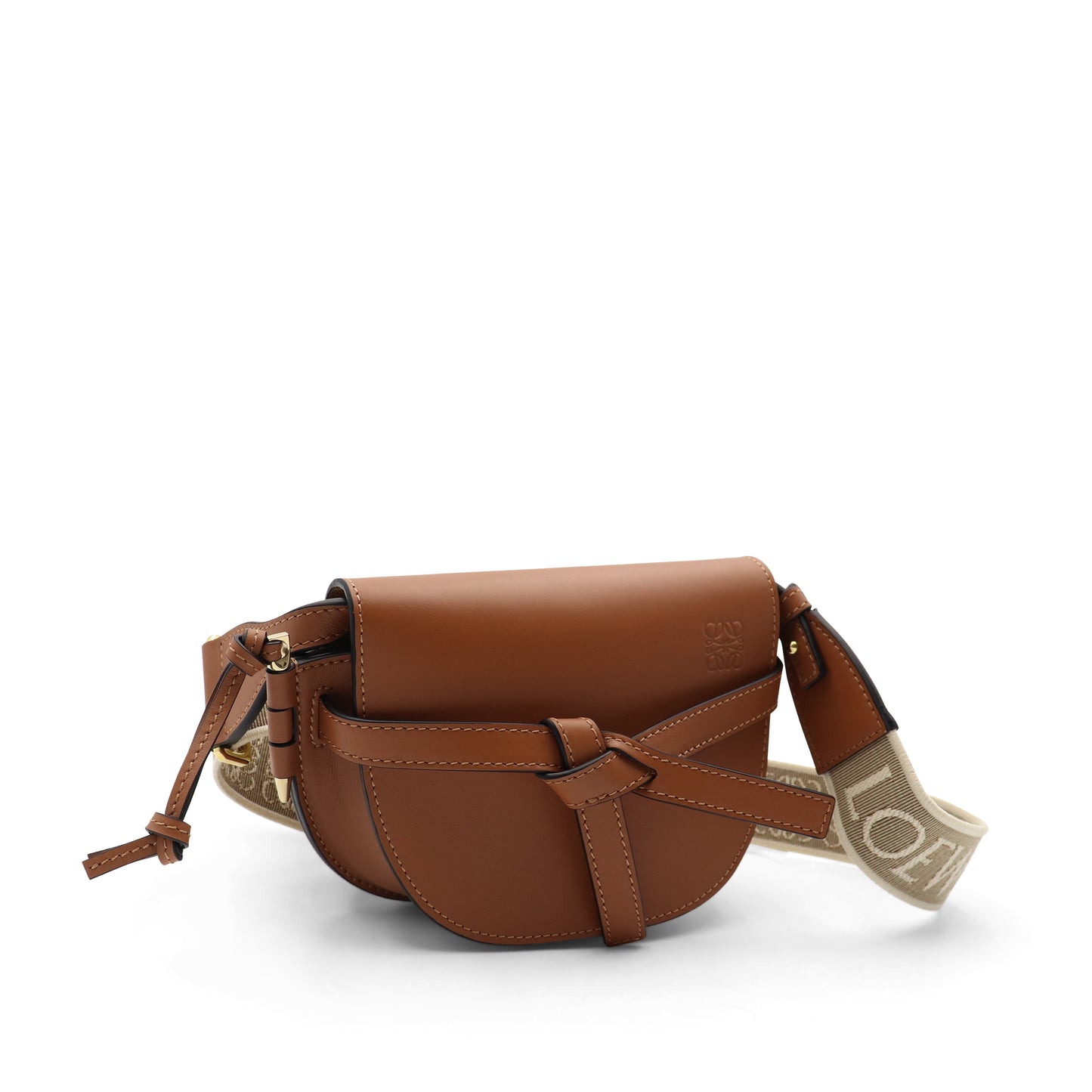 Mini Gate Dual Bag in Soft Calfskin and Jacquard Strap in Tan