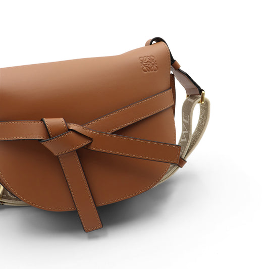 Small Gate Bag in Soft Calfskin and Jacquard Strap in Tan