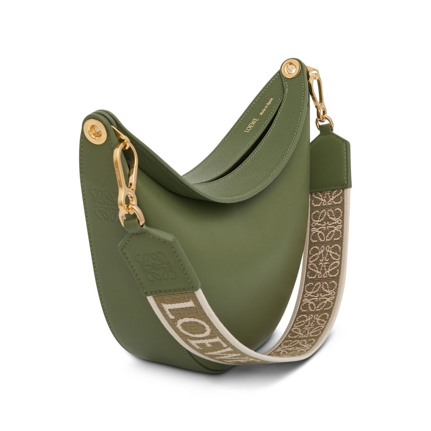 Small Loewe Luna Bag in Satin Calfskin and Jacquard Strap in Avocado Green