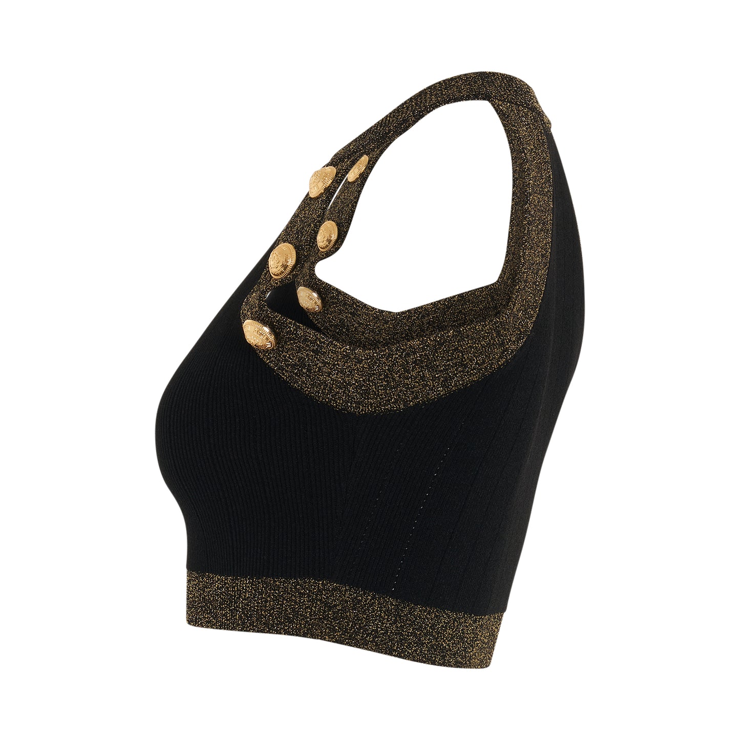 6 Button Golden Edge Knit Cropped Top in Black/Gold