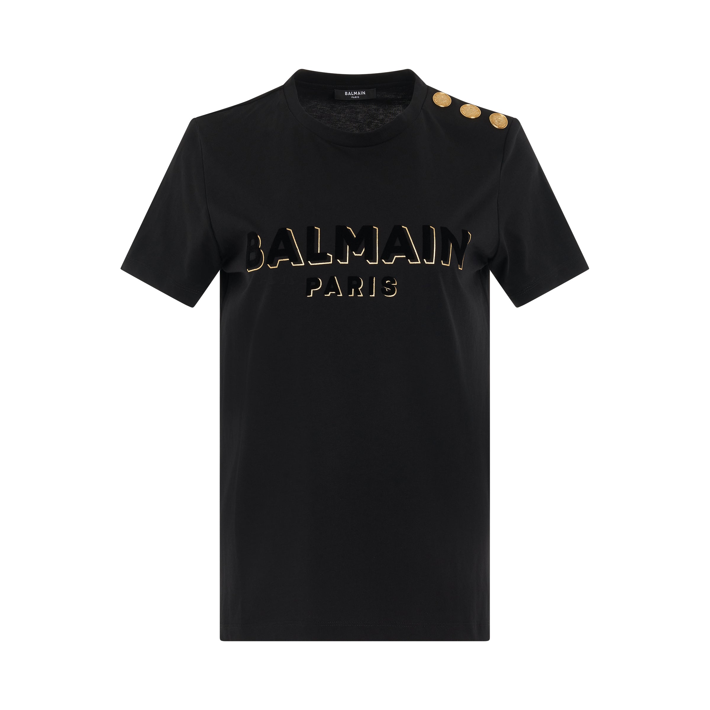 3 Button Logo Mettalic Flock T-Shirt in Black/Gold