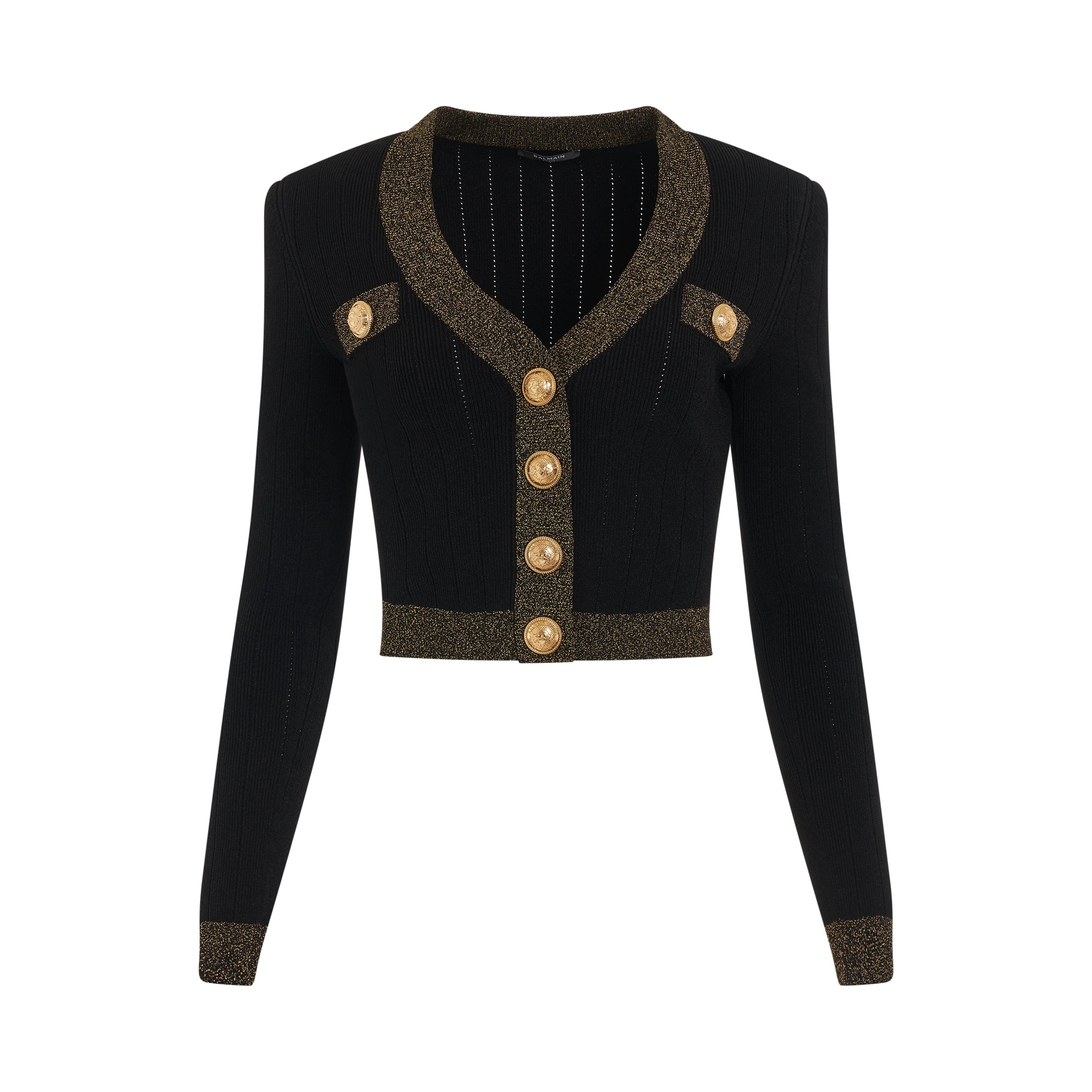 Gold Edge Buttoned Knit Cropped Cardigan in Black/Gold